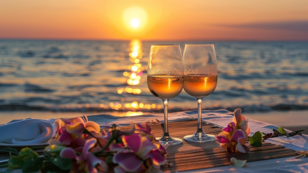 A table with two wine glasses and a bouquet of flowers by the ocean