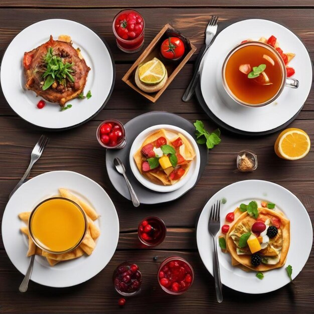 Photo a table with a variety of breakfast foods including omelette fruit and veggies