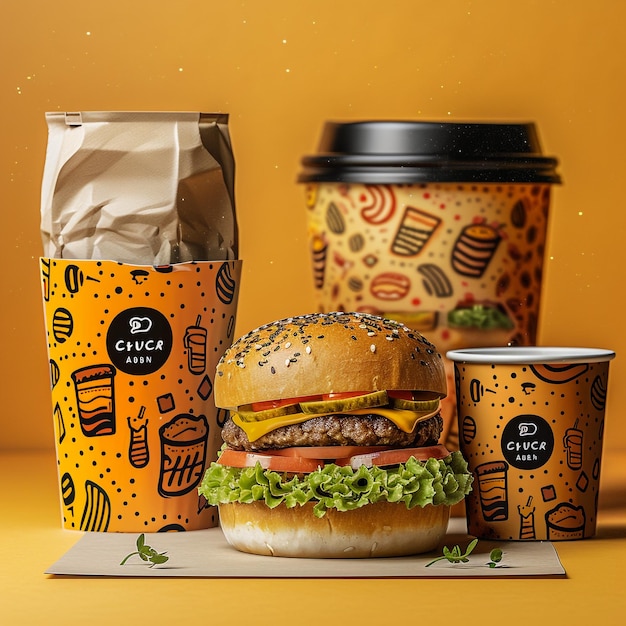 a table with a variety of coffee cups and a hamburger and a bag of food