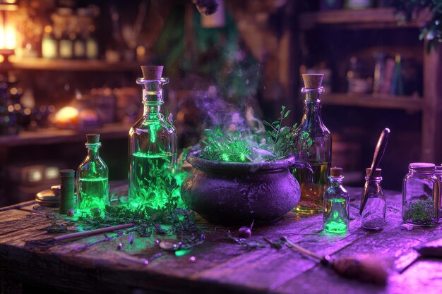 A table with a variety of colorful bottles and a green plant