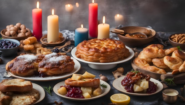 a table with a variety of desserts including bread bread and pastries