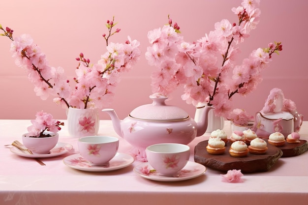 A table with a variety of desserts and teacups with a pink background and cherry blossoms in the