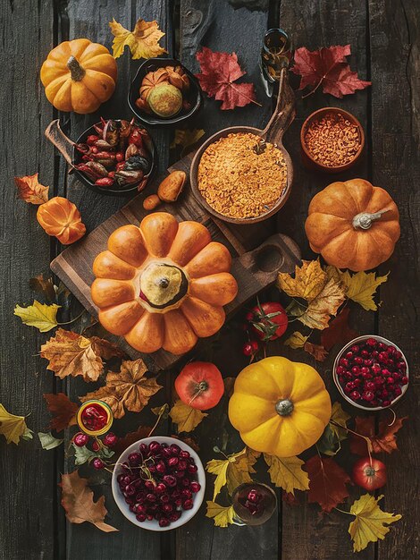 a table with a variety of different types of pumpkins and a wooden board with a wooden frame that sa