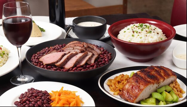 A table with a variety of food and drinks including a glass of wine