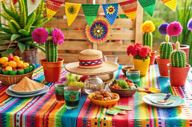 Photo a table with a variety of food and flowers on it