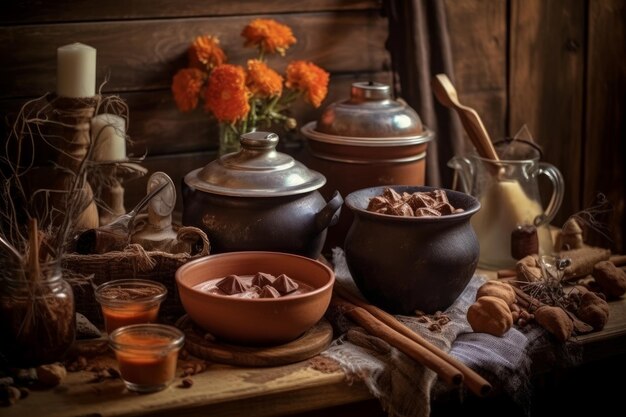 A table with a variety of food including a bowl of sugar, a bowl of sugar, and a bowl of sugar.