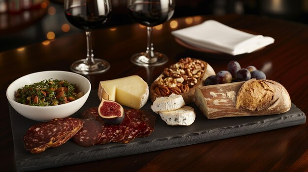 Photo a table with a variety of food including bread cheese and fruit