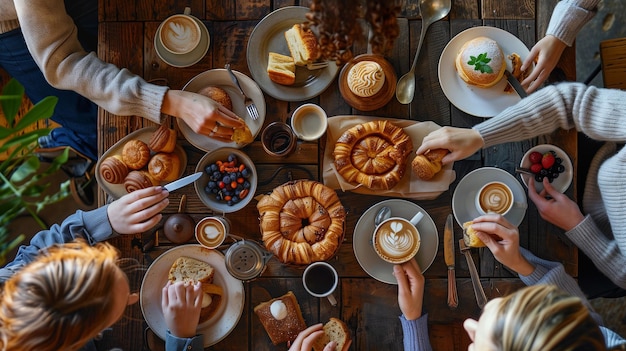 a table with a variety of food including bread donuts and coffee