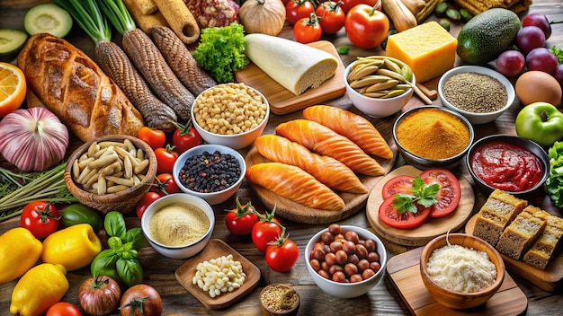 Photo a table with a variety of food including bread tomatoes and other foods