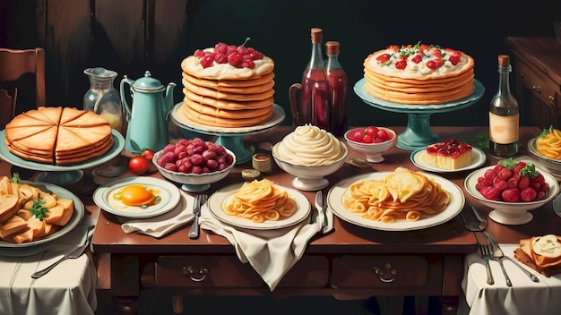 Photo a table with a variety of food including a cake fruit and pastries