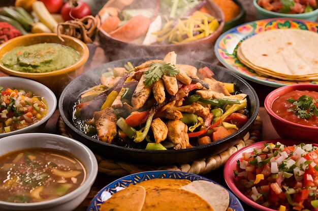 a table with a variety of food including chicken vegetables and rice