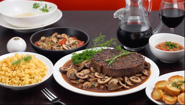 A table with a variety of food including a large steak with mushrooms