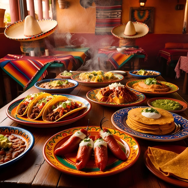 a table with a variety of food including pancakes rice and a stack of pancakes