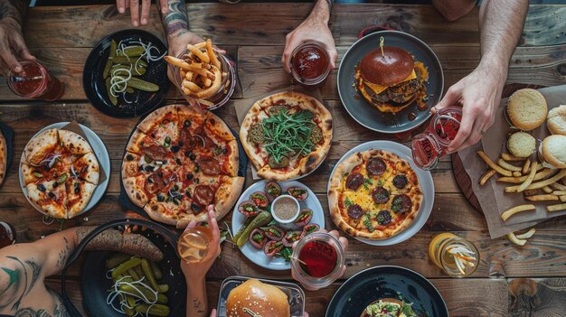 Photo a table with a variety of food including pizza salad and salad