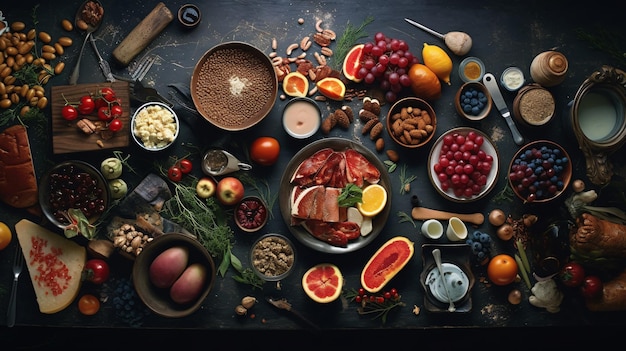 Photo a table with a variety of food including a plate of food and a bowl of fruit