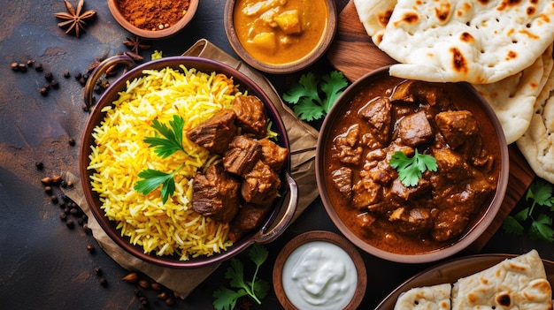 Table with variety of food including rice curry and bread