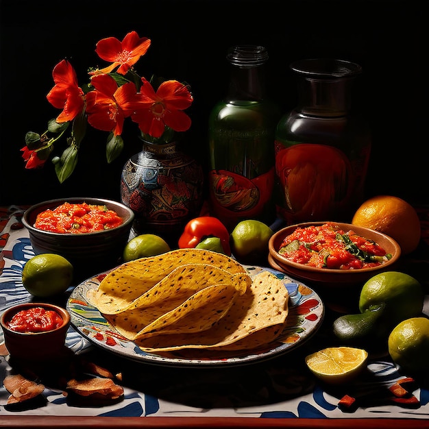 a table with a variety of food including salsa salsa and salsa