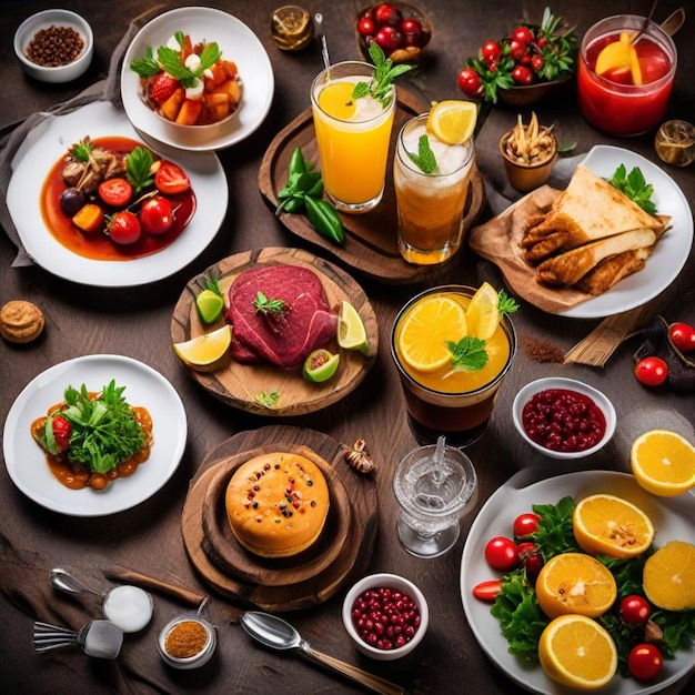 a table with a variety of food including a sandwich fruit and vegetables