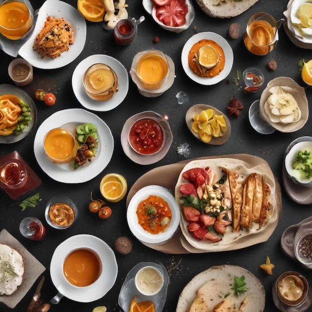 a table with a variety of food including a sandwich salad and fruit