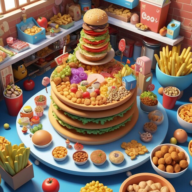 Photo a table with a variety of food including a stack of different kinds of food