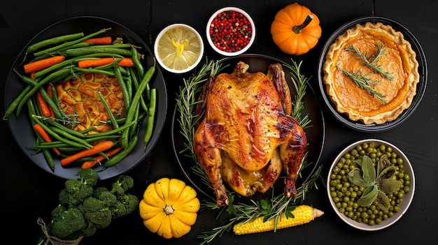 a table with a variety of food including vegetables corn and a turkey