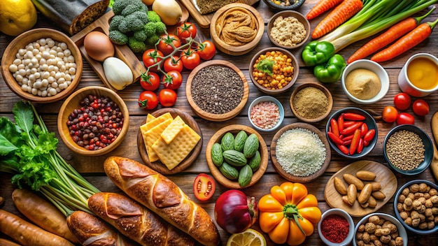 a table with a variety of food including vegetables meat and vegetables