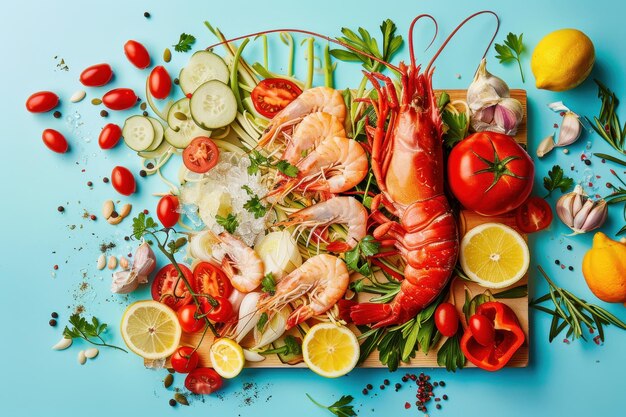 Photo a table with a variety of food items including shrimp tomatoes and vegetables