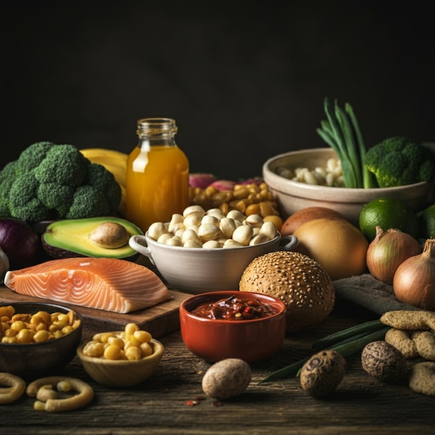 a table with a variety of foods including broccoli cauliflower and other fruits