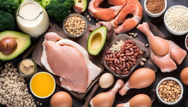 a table with a variety of foods including chicken eggs and eggs