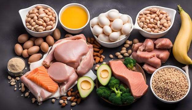 a table with a variety of foods including eggs beans and eggs