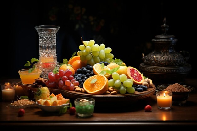 Table with variety of fresh fruits and berries Healthy eating concept