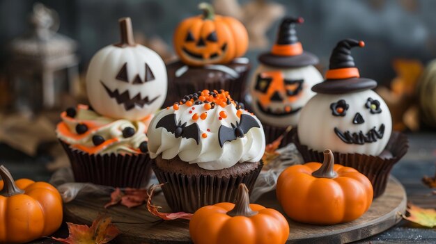 A table with a variety of Halloween cupcakes and pumpkins