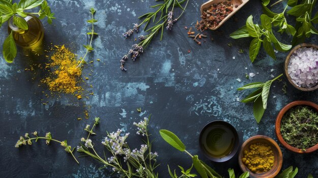 Photo a table with a variety of herbs and spices including herbs and spices