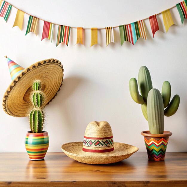 Photo a table with a variety of items including a cactus and a straw hat