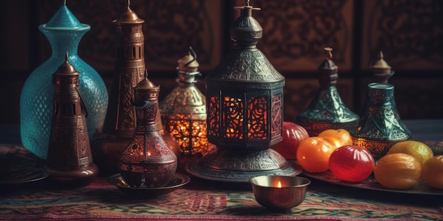 A table with a variety of lanterns and oranges.