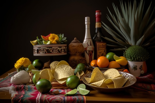 A table with a variety of mexican food including tortillas, limes, limes, and guacamole.