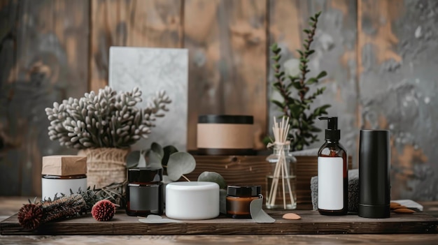 a table with a variety of products including a bottle of perfume a plant and a plant