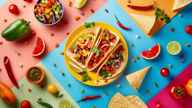 a table with a variety of taco and a variety of food on it