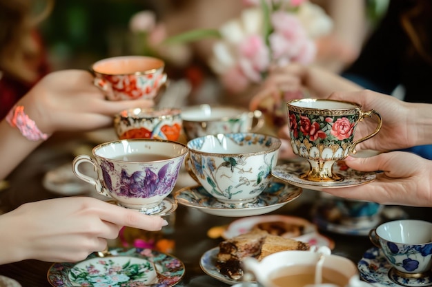 Photo a table with a variety of teacups and saucers generative ai image