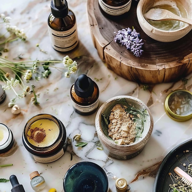 Photo a table with various bottles of nail polish and a bottle of cream