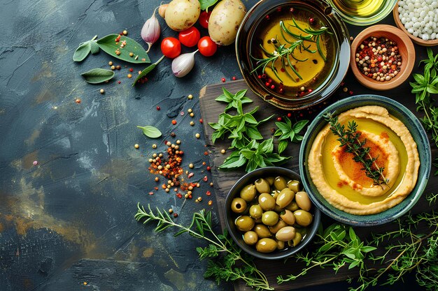 Photo a table with various food items including olives tomatoes and olives