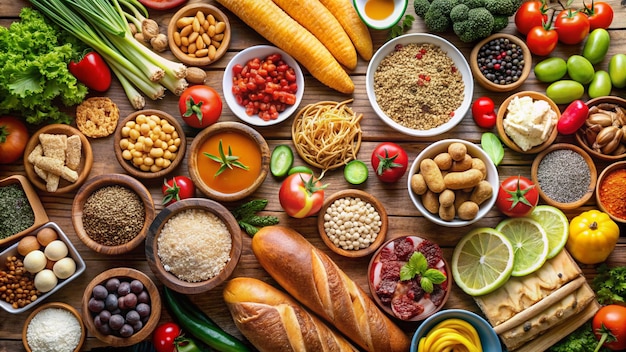 a table with various foods including beans beans and other foods