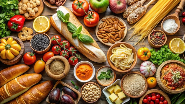 a table with various foods including beans nuts nuts and nuts