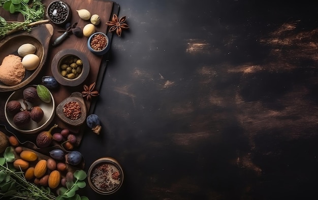 A table with various foods including a variety of spices and spices