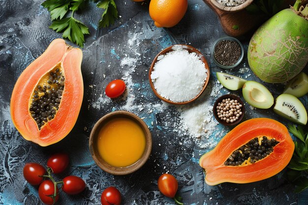 Photo a table with various fruits including melons tomatoes and rice