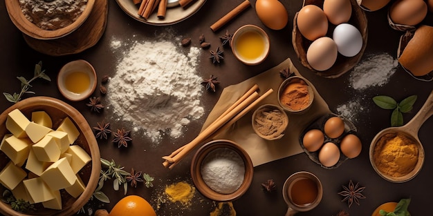 A table with various ingredients including flour, flour, cinnamon, flour, and cinnamon