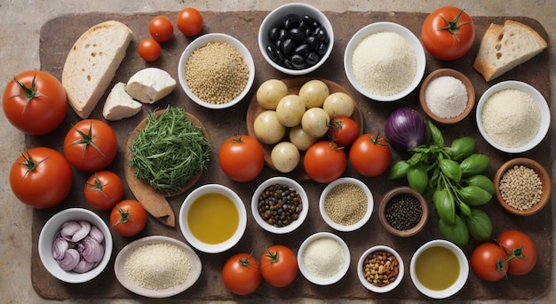 Photo a table with various ingredients including rice vegetables and spices