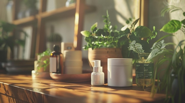 a table with various items including plants bottles and bottles of shampoo