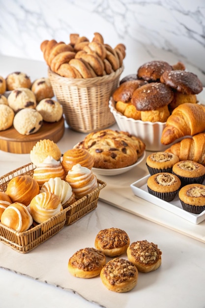 a table with various pastries including muffins muffins and bread