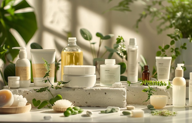 a table with various products including a bottle of lotion